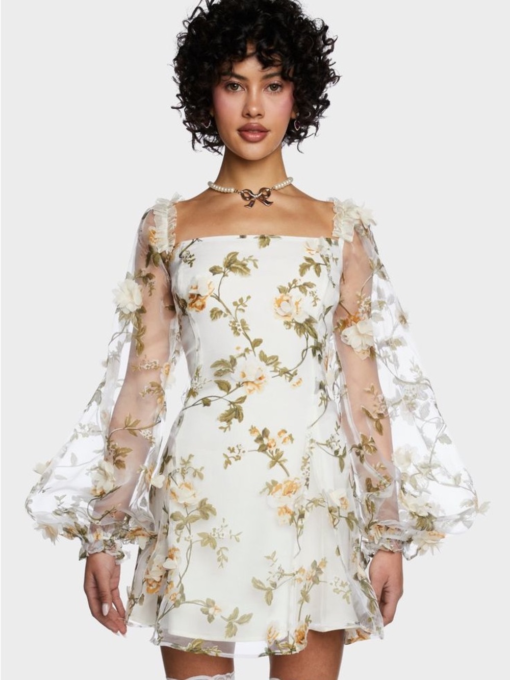 Sugar White Mini Dress with Green and Yellow Floral Print
